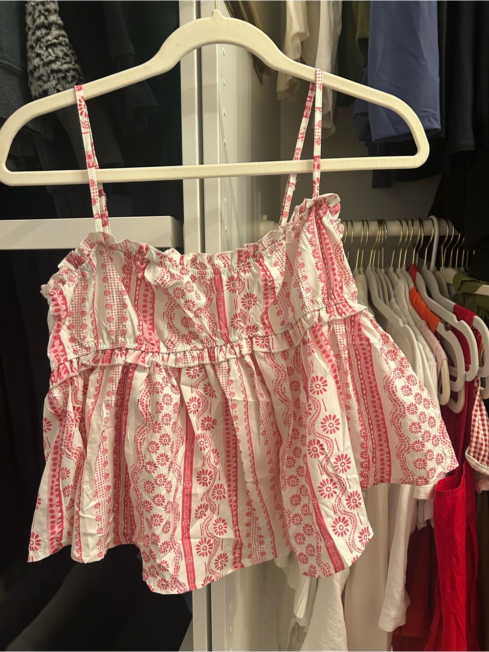 Pink and White Printed Ruffle Cami Top